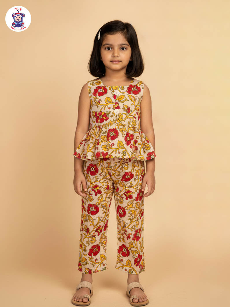 Cream - Girls Readymade Floral Printed Kalamakari Sets