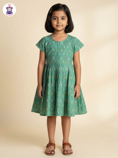 Pista Green - Girls Readymade Ikat Frock