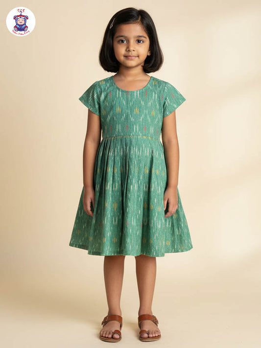 Pista Green - Girls Readymade Ikat Frock