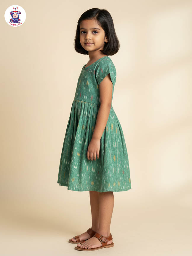 Pista Green - Girls Readymade Ikat Frock