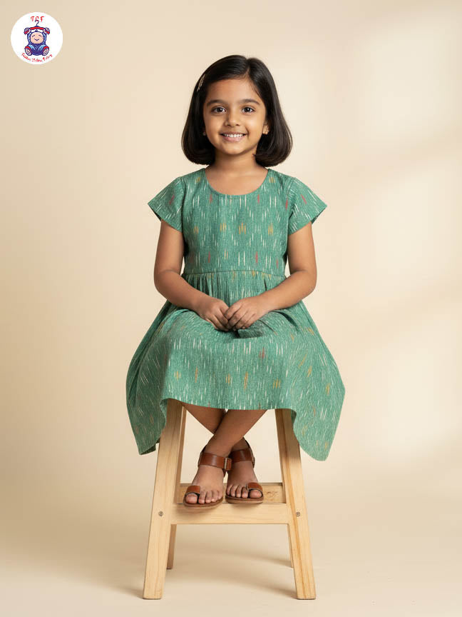 Pista Green - Girls Readymade Ikat Frock