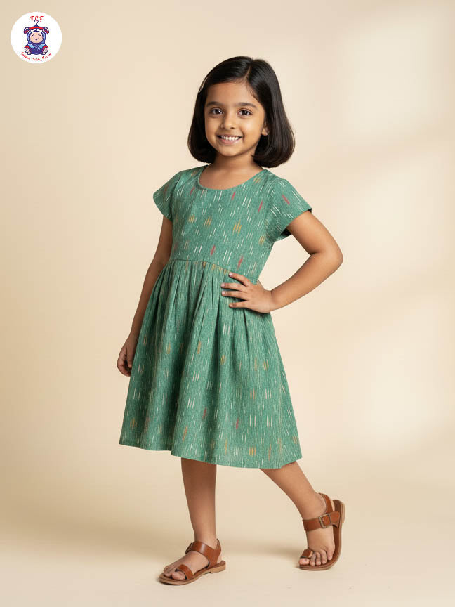 Pista Green - Girls Readymade Ikat Frock