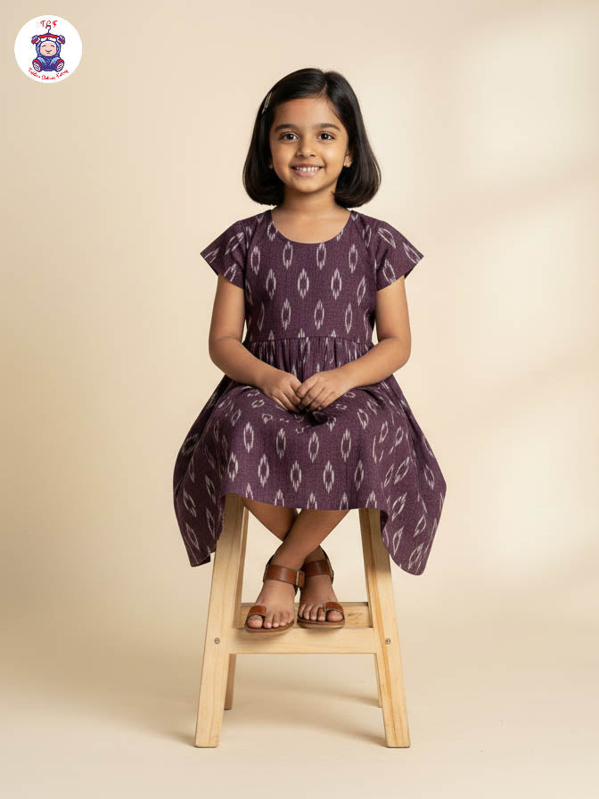 Wine - Girls Readymade Ikat Frock