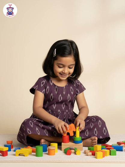 Wine - Girls Readymade Ikat Frock