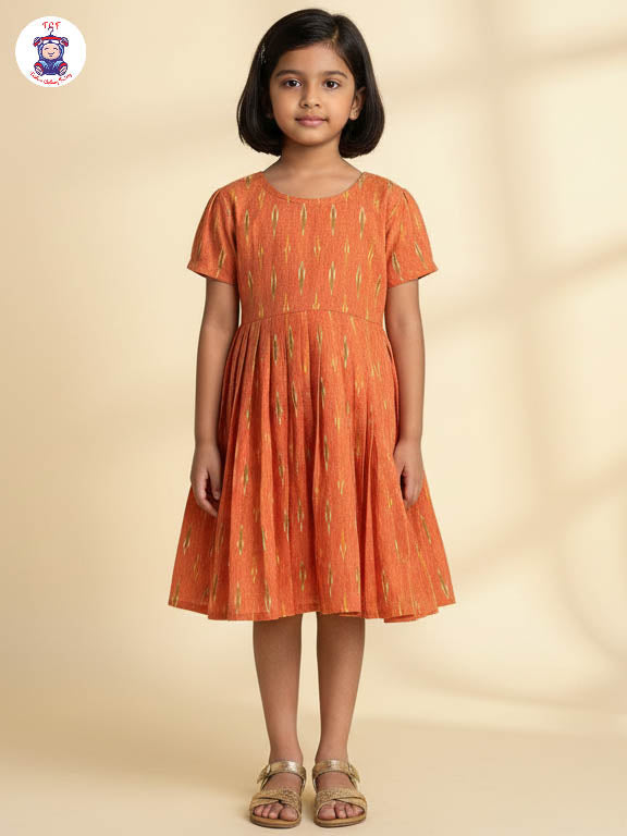 Orange - Girls Readymade Ikat Frock
