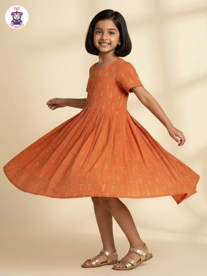 Orange - Girls Readymade Ikat Frock