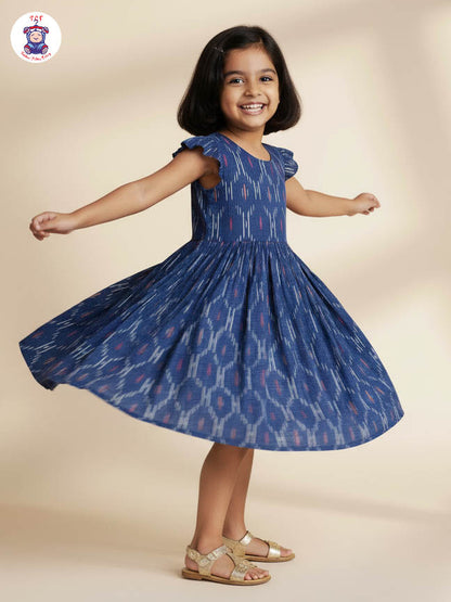 Navy Blue - Girls Readymade Ikat Frock