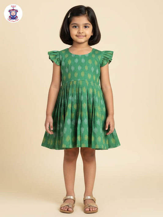 Dark Green - Girls Readymade Ikat Frock