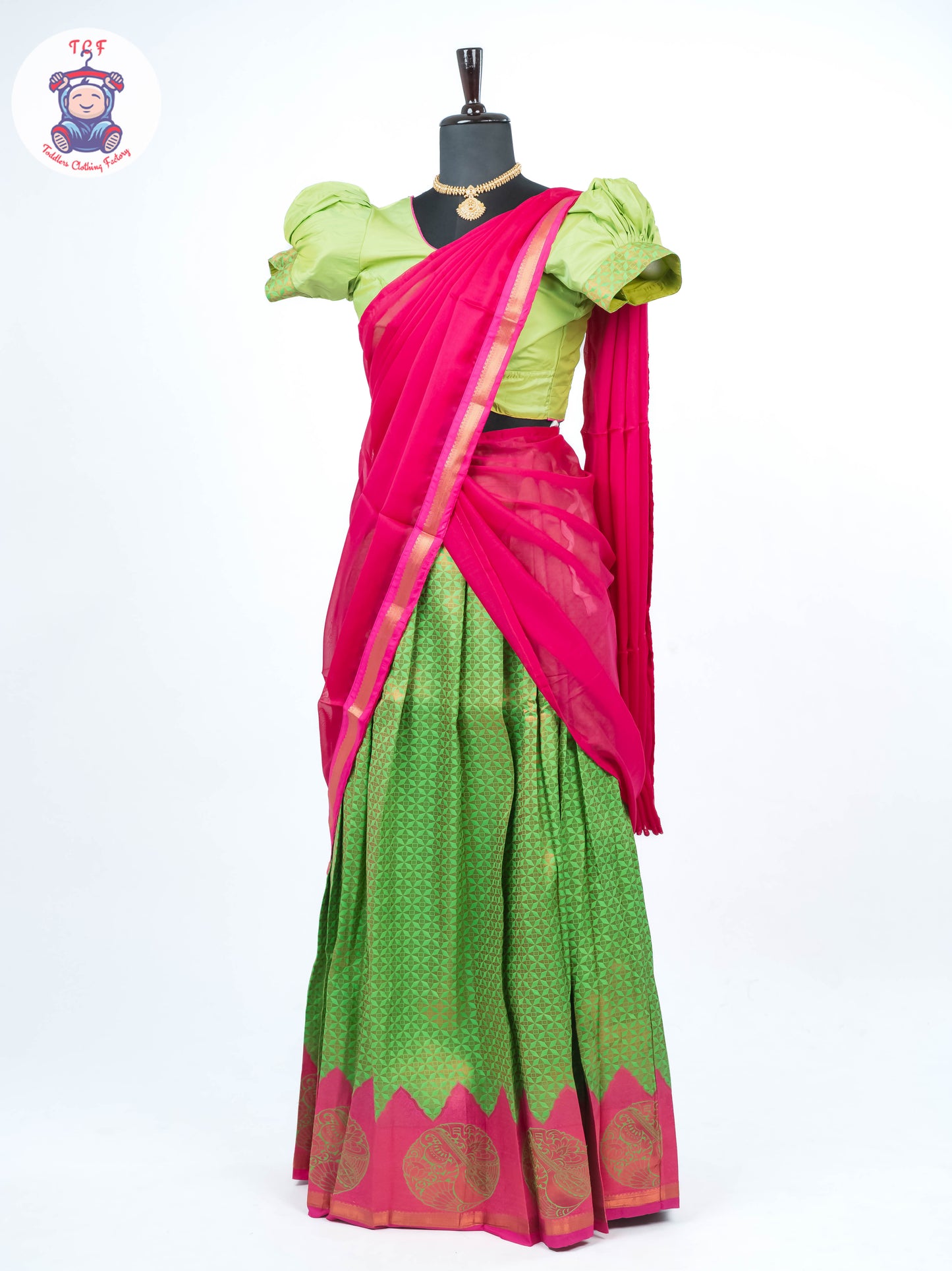 Parrot Green & Pink - Adult Readymade Half Saree