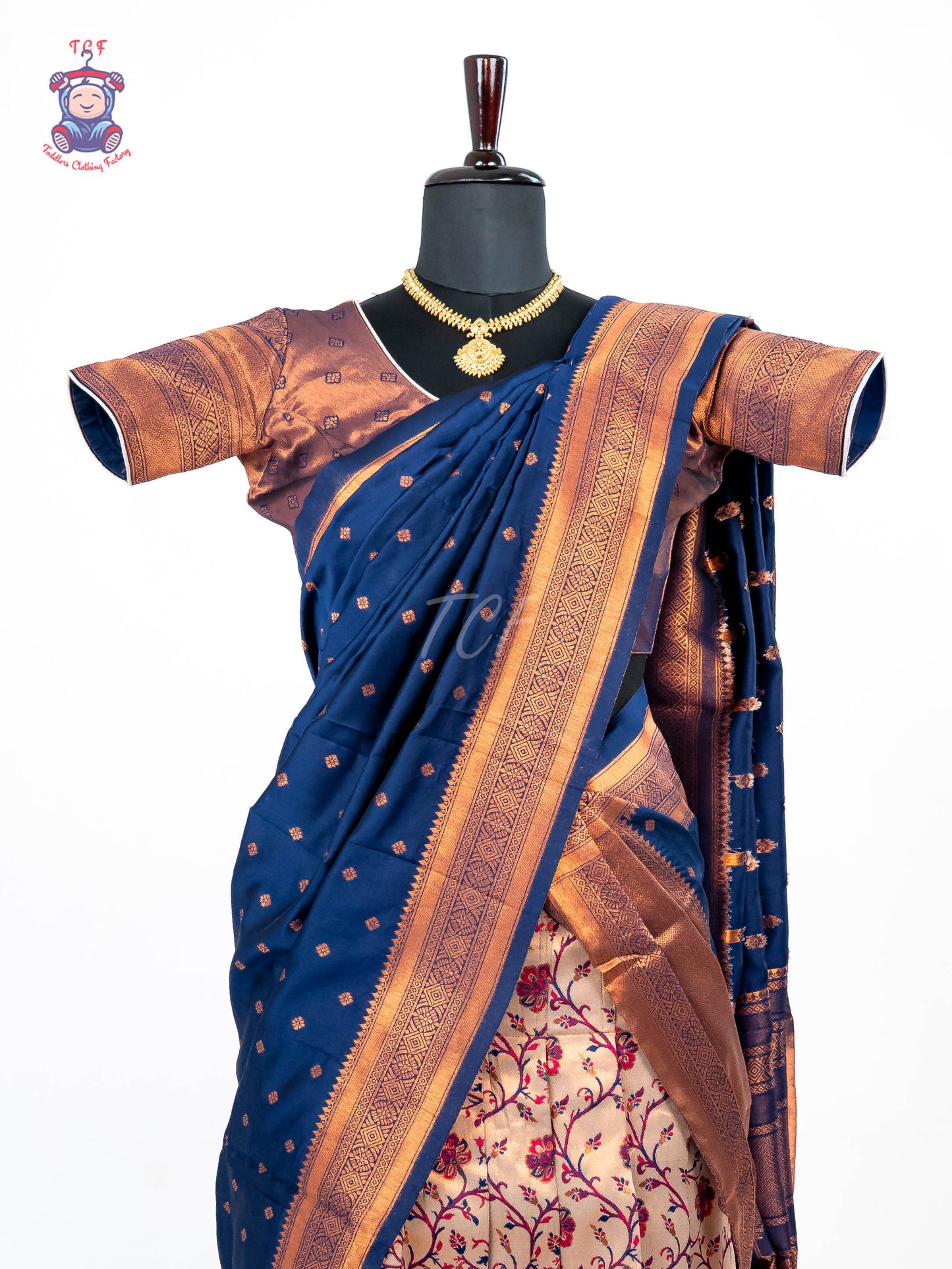 Blue & Cream - Readymade Half Saree