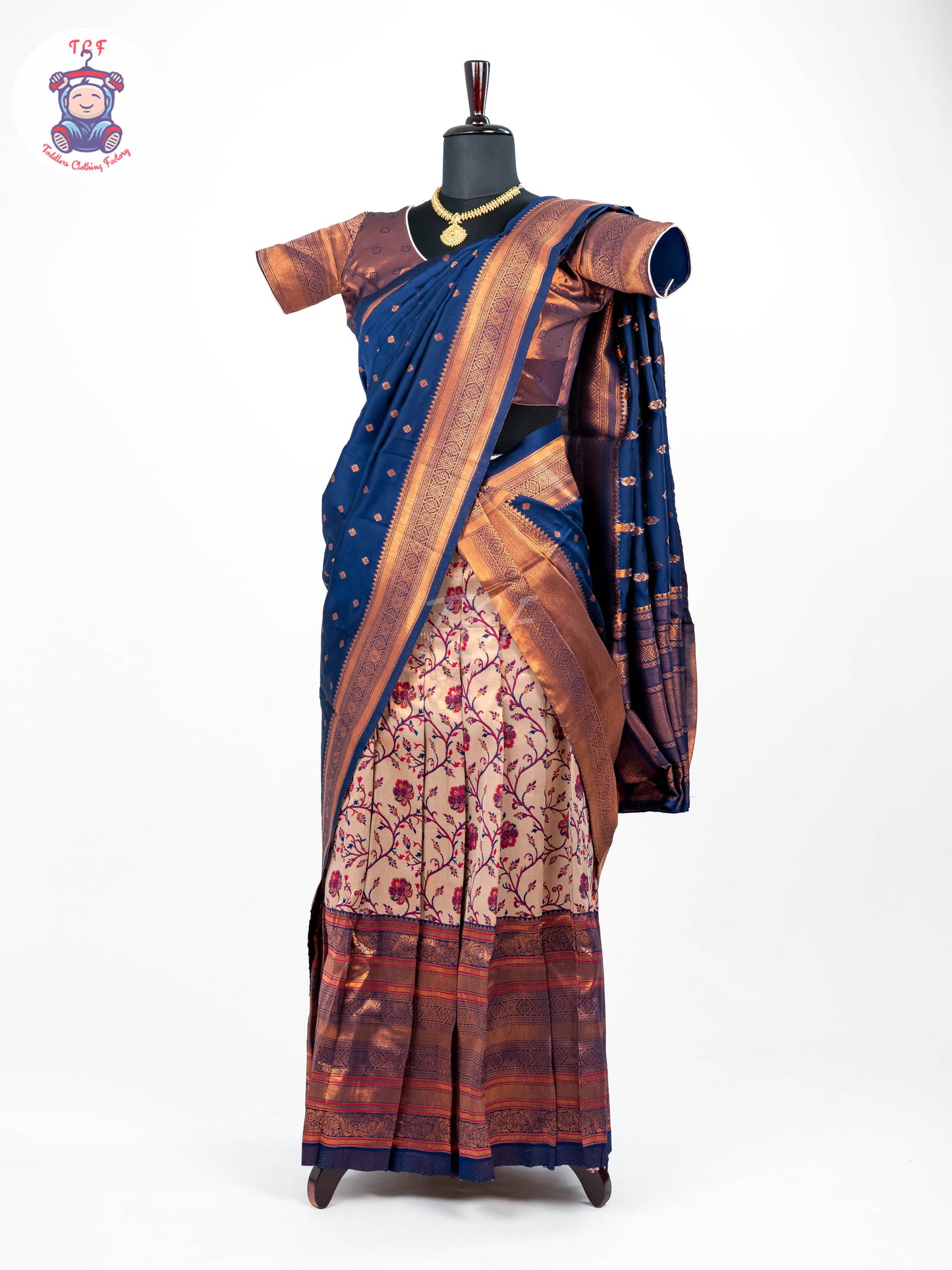 Blue & Cream - Readymade Half Saree