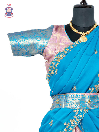 Sky Blue & Gold -  Adult Readymade Half Saree