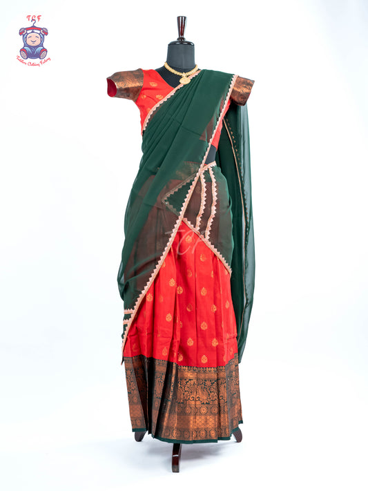Red & Dark Green - Adult Readymade Half Saree