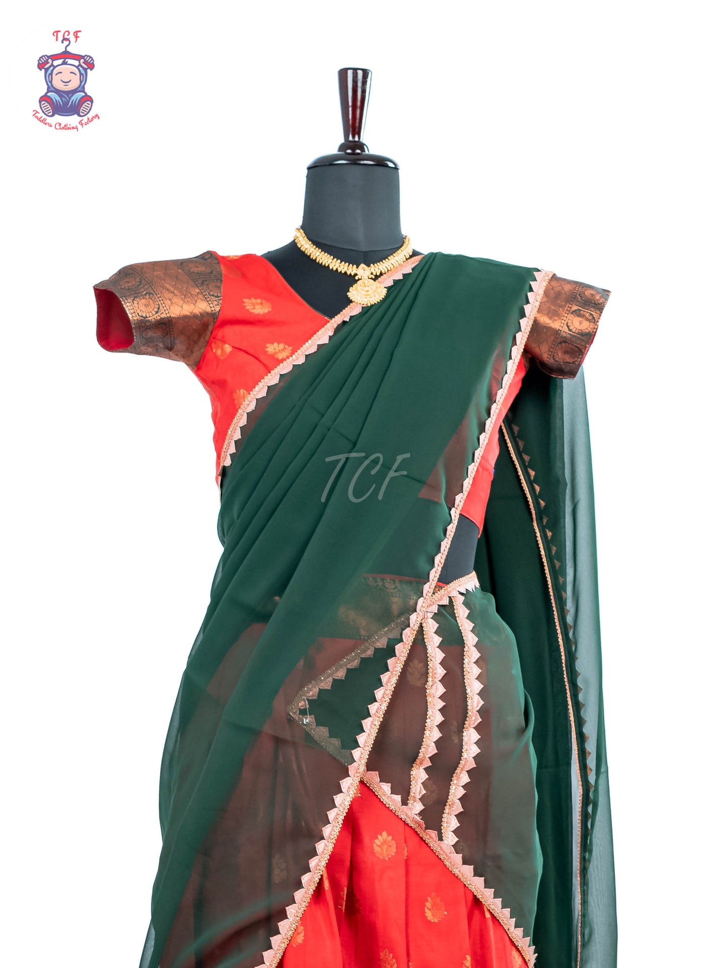 Red & Dark Green - Adult Readymade Half Saree