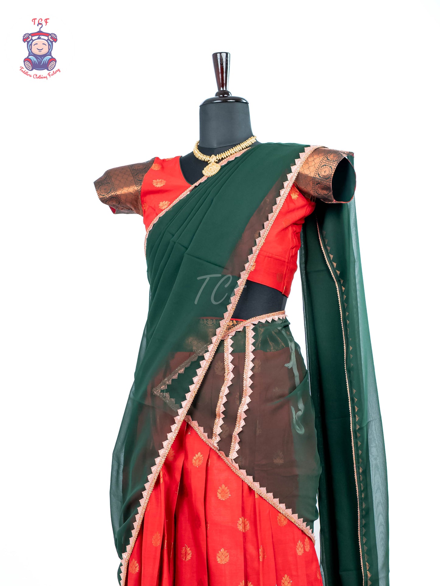 Red & Dark Green - Adult Readymade Half Saree
