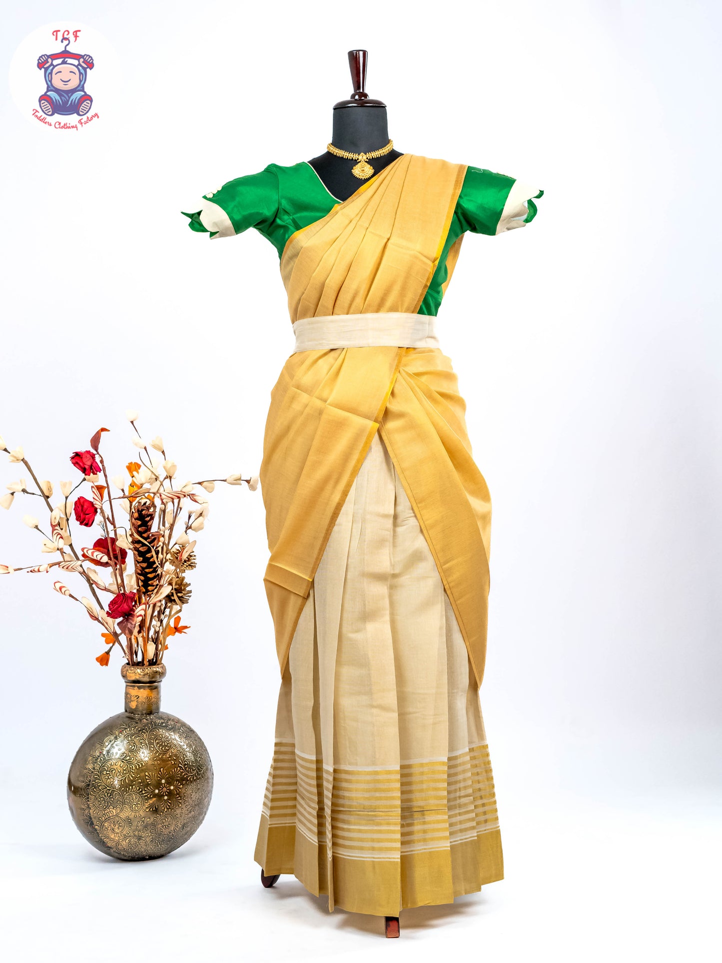 Green & Sandal -  Adult Readymade Kerala Cotton Half Saree