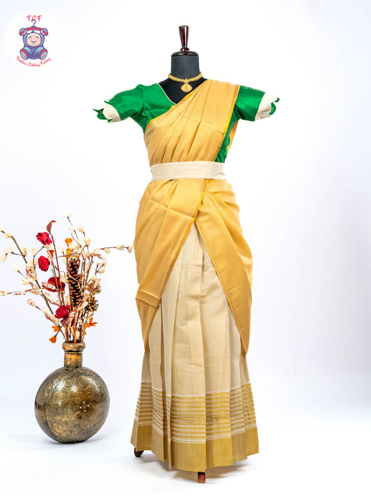 Green & Sandal -  Adult Readymade Kerala Cotton Half Saree