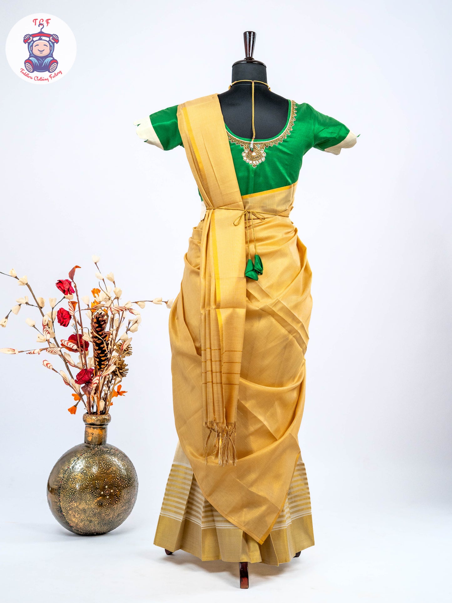 Green & Sandal -  Adult Readymade Kerala Cotton Half Saree