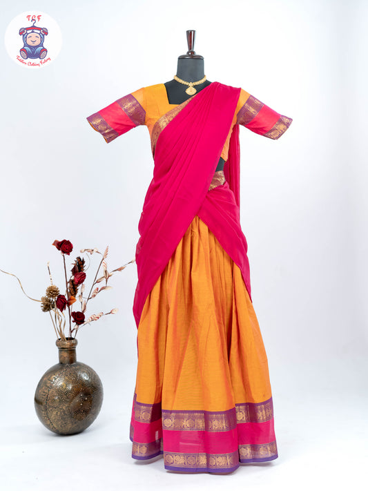 Orange and Pink - Chettinad Cotton Readymade Half Saree