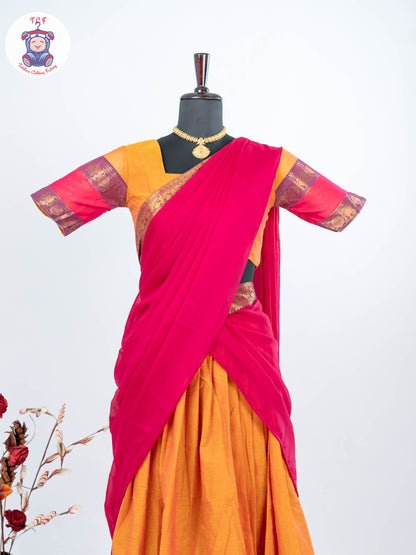 Orange and Pink - Chettinad Cotton Readymade Half Saree