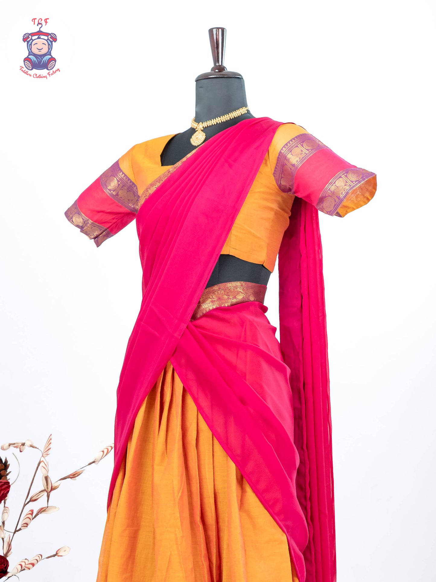 Orange and Pink - Chettinad Cotton Readymade Half Saree