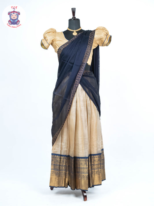 Sandal & Navy Blue - Readymade Half Saree