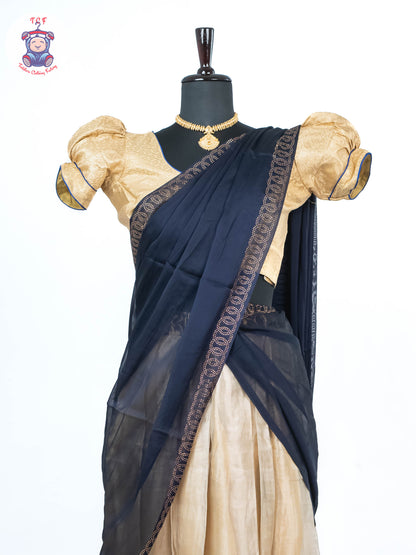 Sandal & Navy Blue - Readymade Half Saree