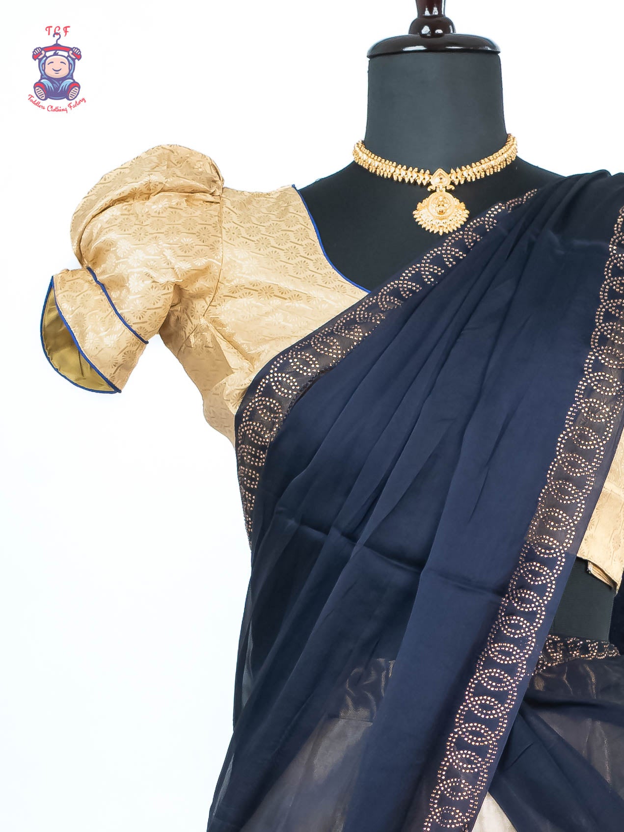 Sandal & Navy Blue - Readymade Half Saree
