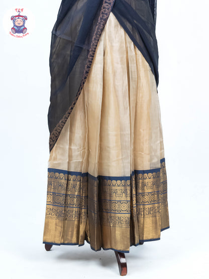 Sandal & Navy Blue - Readymade Half Saree