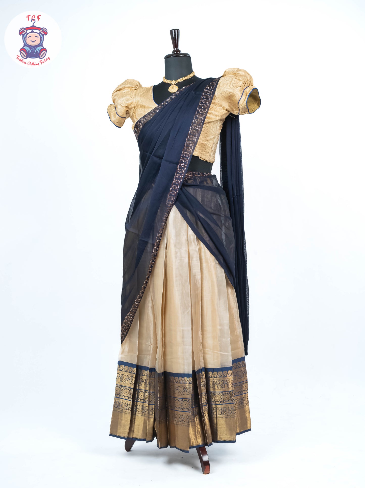 Sandal & Navy Blue - Readymade Half Saree
