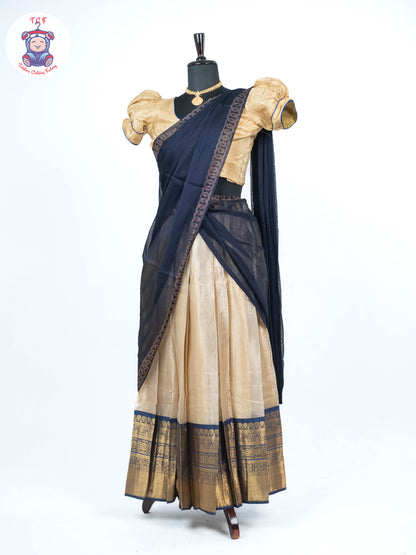 Sandal & Navy Blue - Readymade Half Saree
