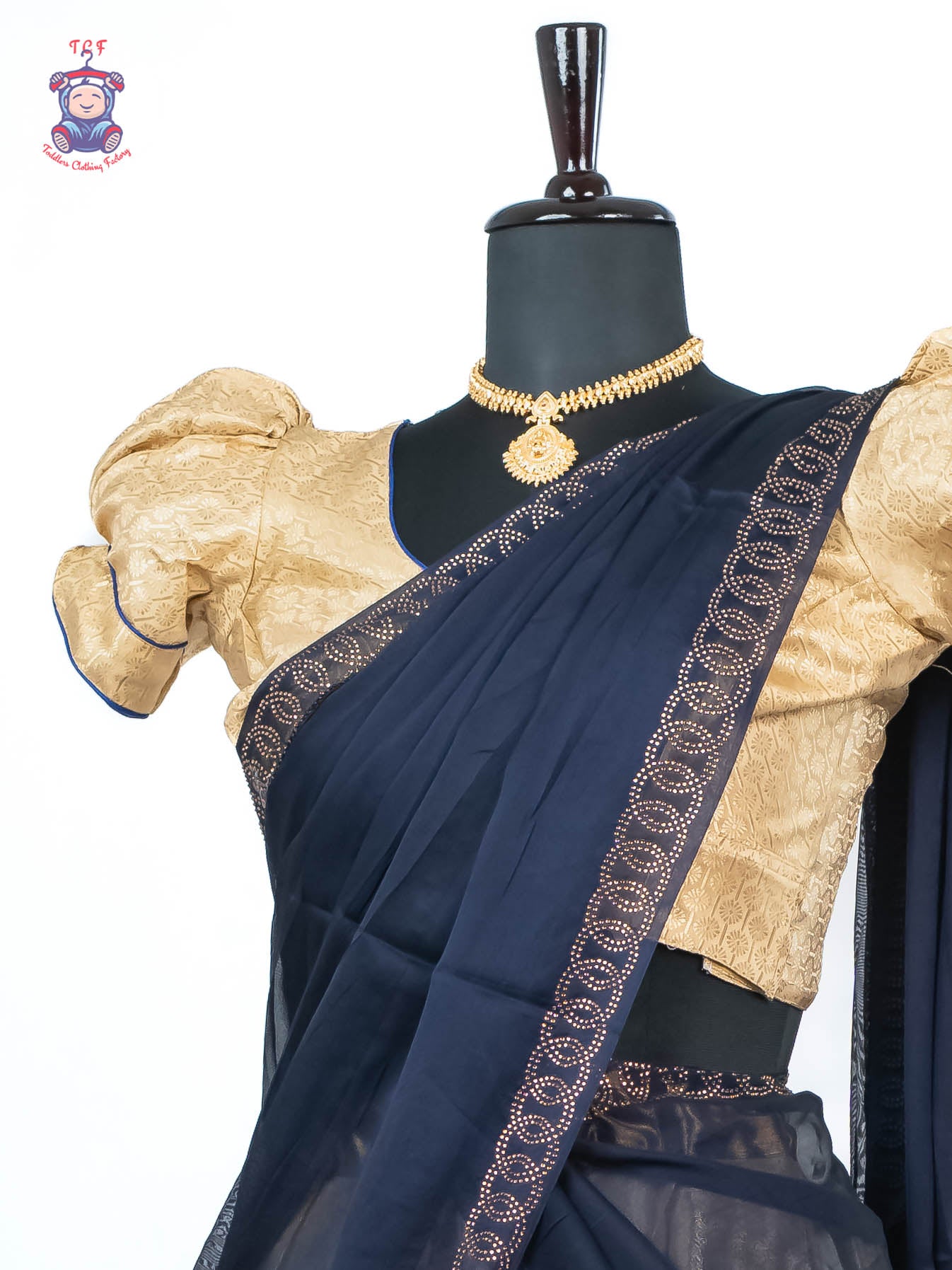 Sandal & Navy Blue - Readymade Half Saree
