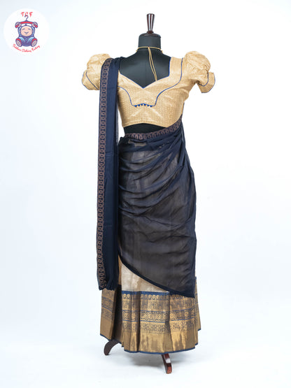 Sandal & Navy Blue - Readymade Half Saree