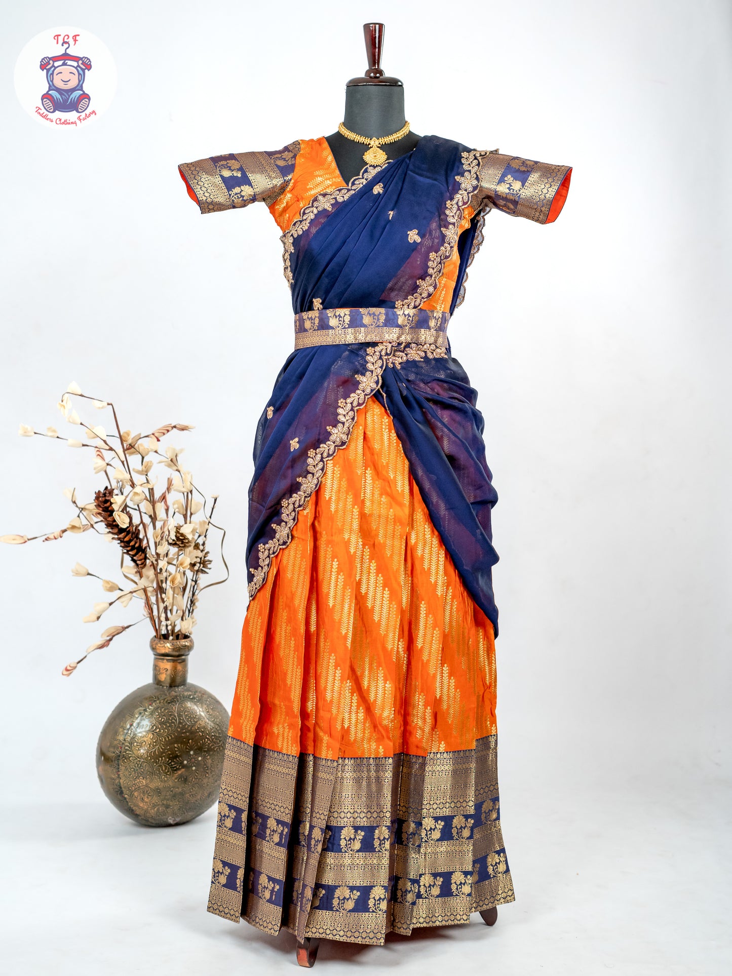 Navy Blue & Orange -  Adult Readymade Half Saree
