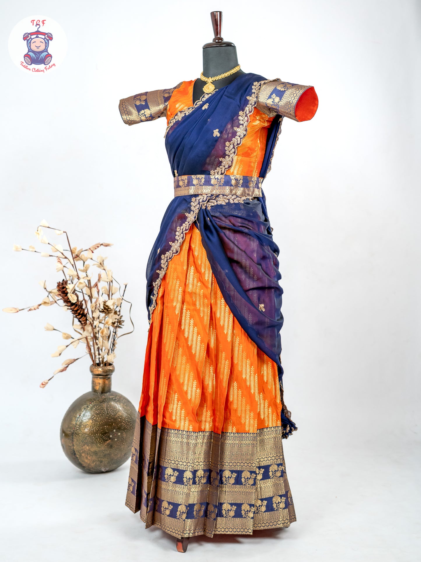 Navy Blue & Orange -  Adult Readymade Half Saree
