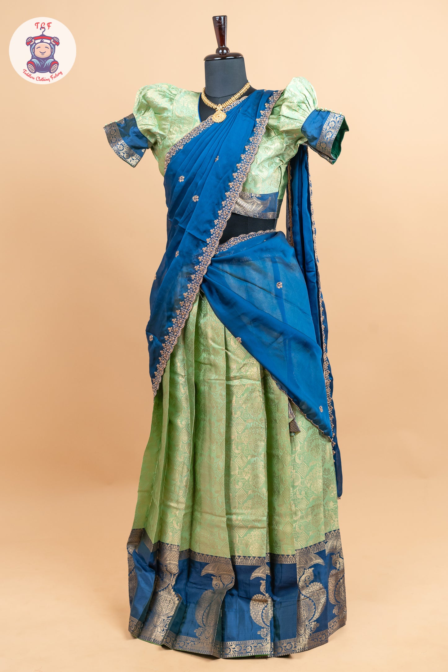Navy Blue & Parrot Green -  Adult Readymade Half Saree