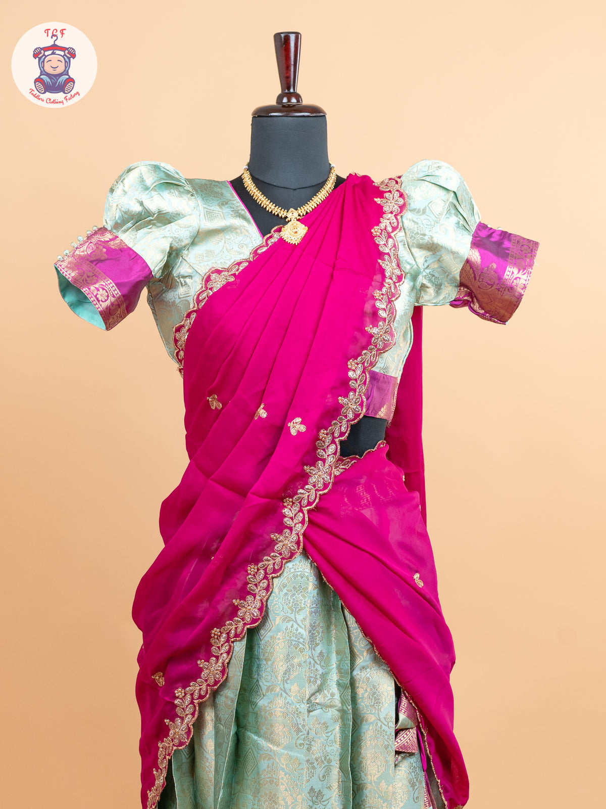 Pink & Pastel Green -  Adult Readymade Half Saree