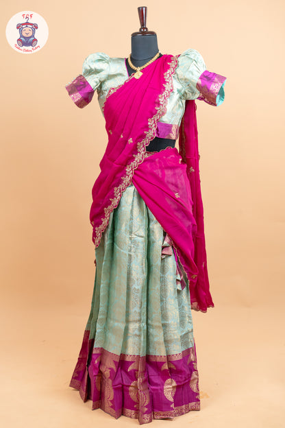 Pink & Pastel Green -  Adult Readymade Half Saree