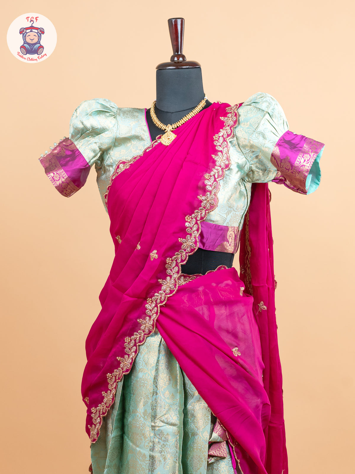 Pink & Pastel Green -  Adult Readymade Half Saree