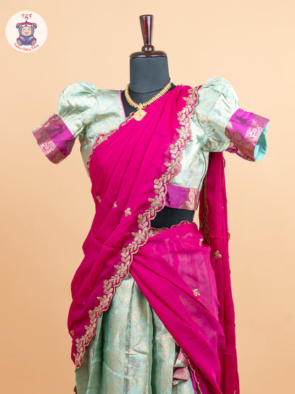 Pink & Pastel Green -  Adult Readymade Half Saree