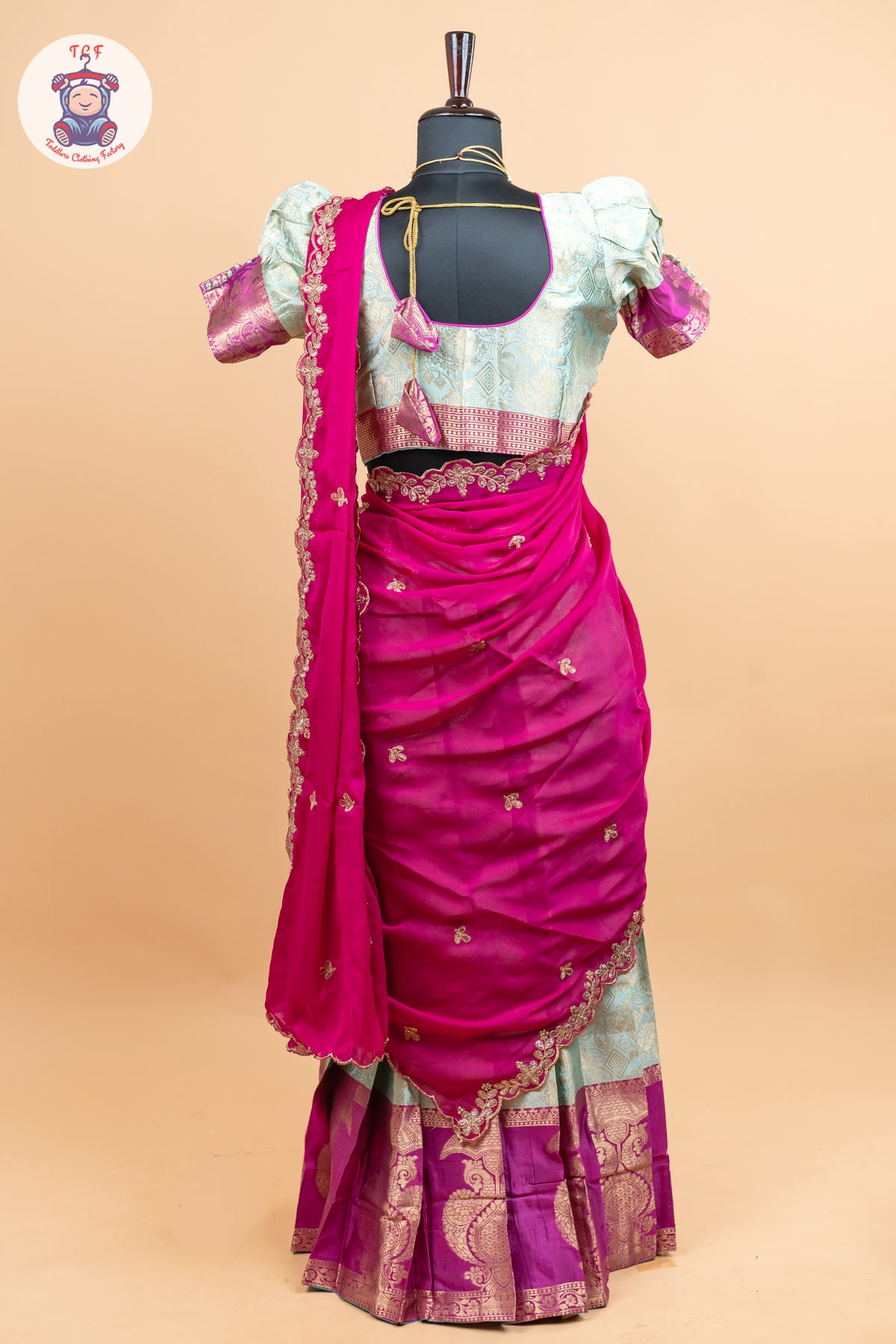 Pink & Pastel Green -  Adult Readymade Half Saree