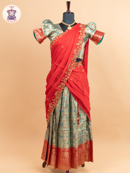 Red & Light Green -  Adult Readymade Half Saree