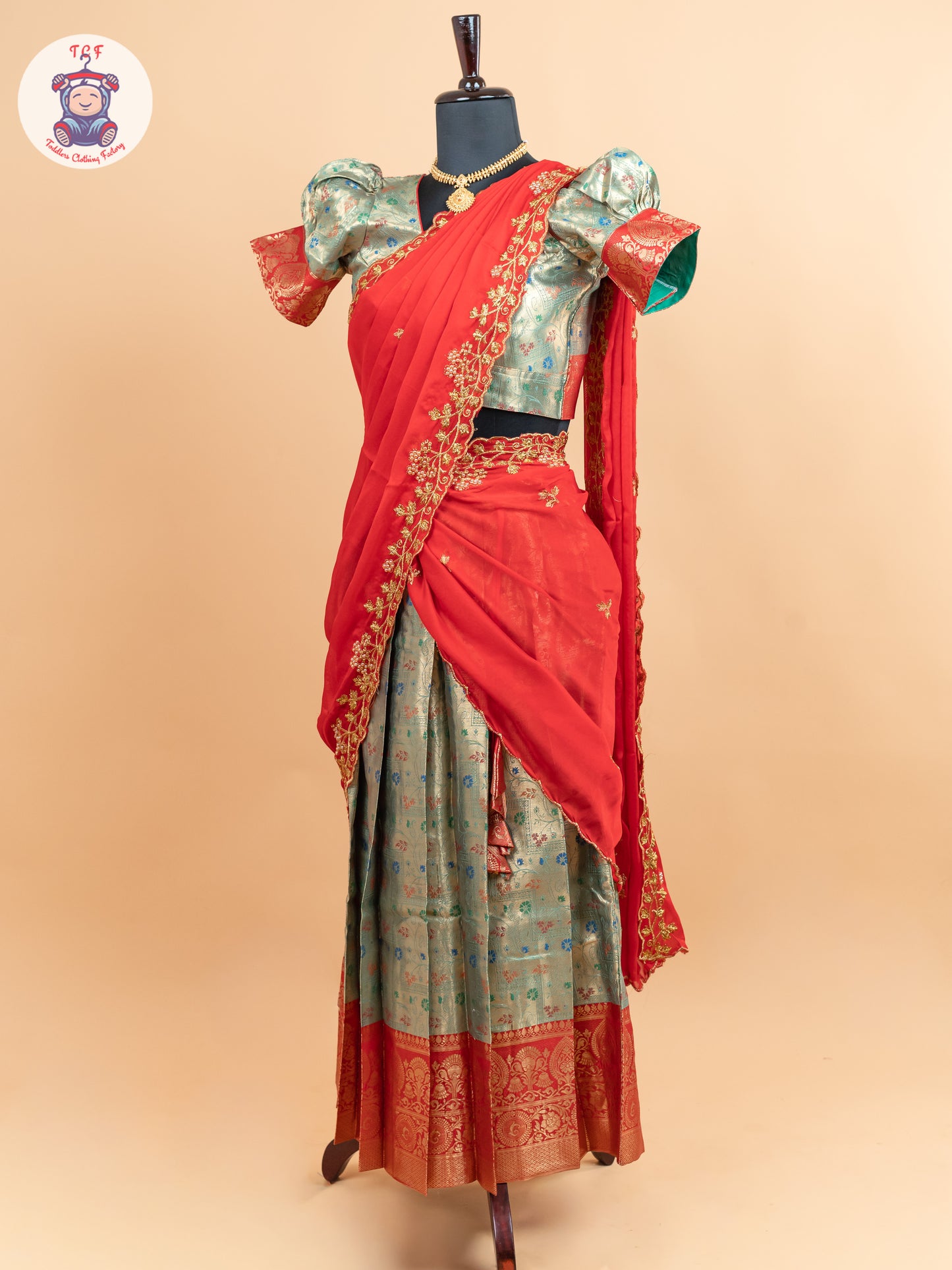 Red & Light Green -  Adult Readymade Half Saree