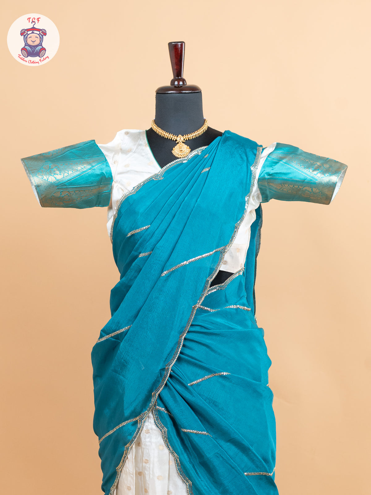 Rama Green & Cream -  Adult Readymade Half Saree