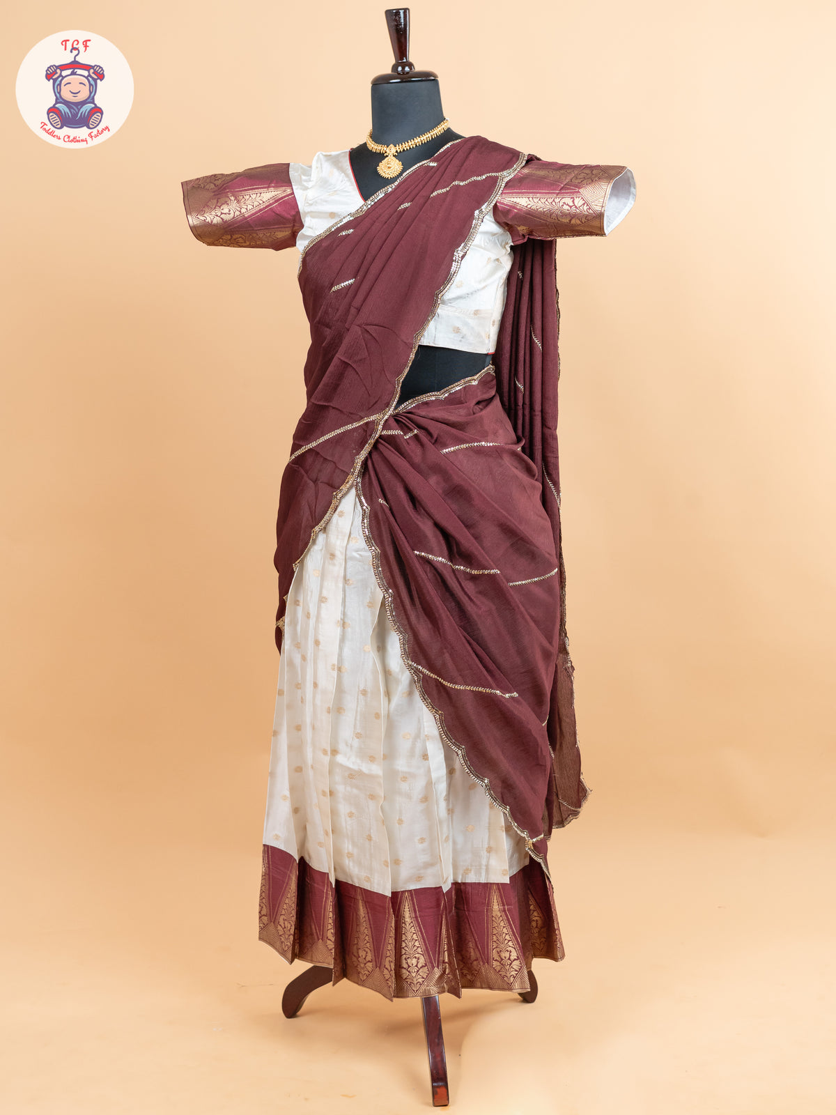 Maroon & Cream -  Adult Readymade Half Saree