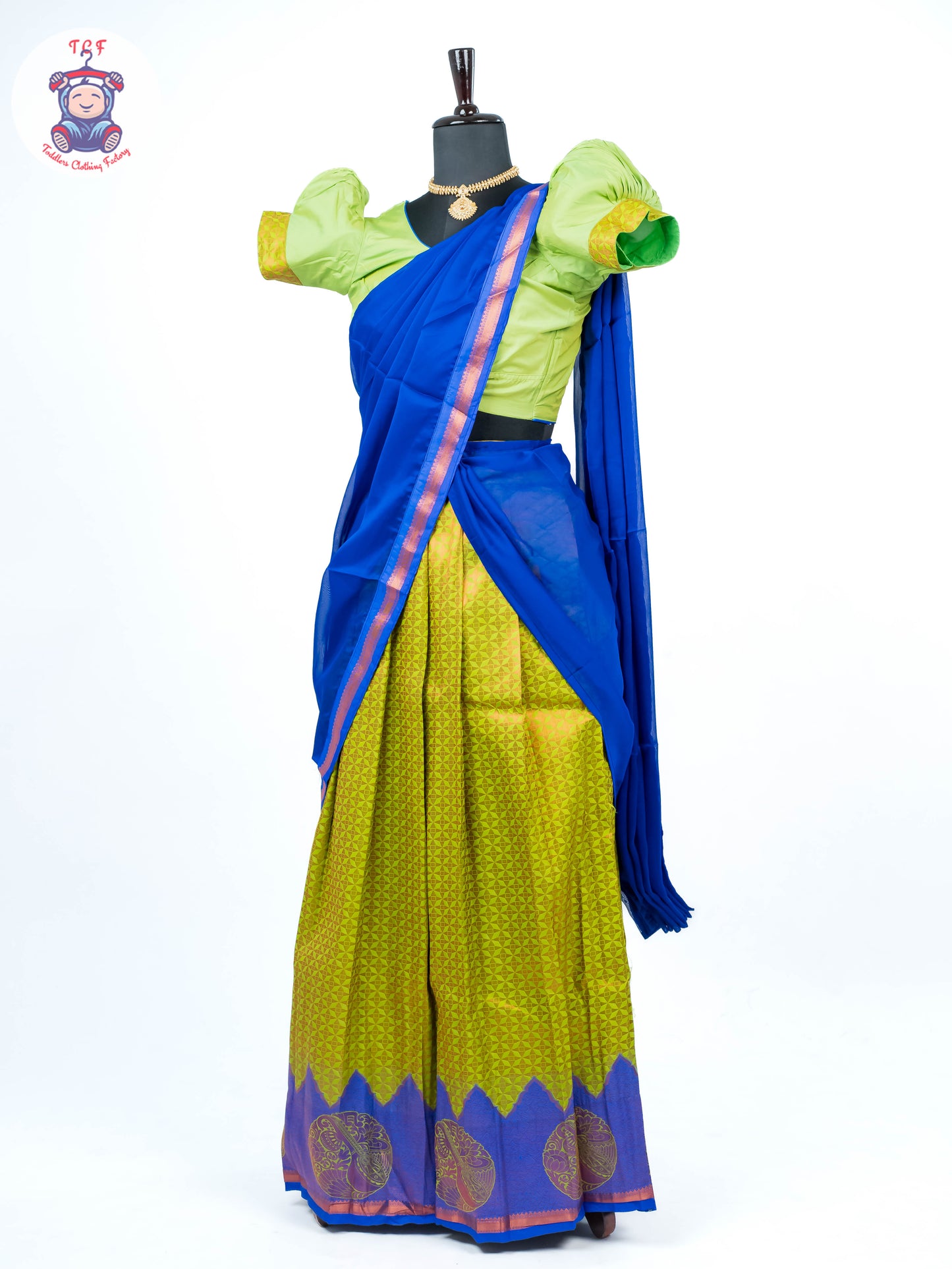 Parrot Green & Royal Blue - Readymade Half Saree