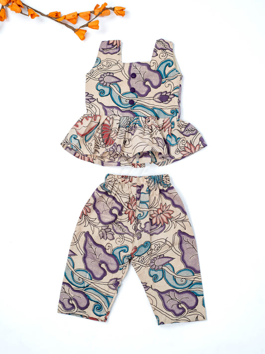 Half White - Girls Readymade Floral Printed Kalamakari Sets