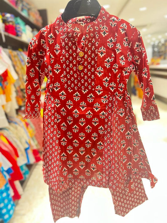 Maroon - Printed Umbrella Kurti Set