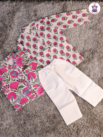 Pink & White - Floral Printed Boys Readymade Kurta Sets