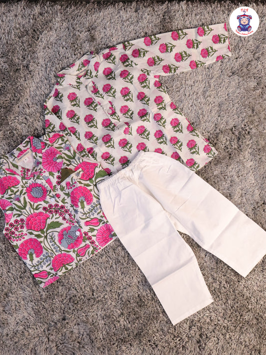 Pink & White - Floral Printed Boys Readymade Kurta Sets